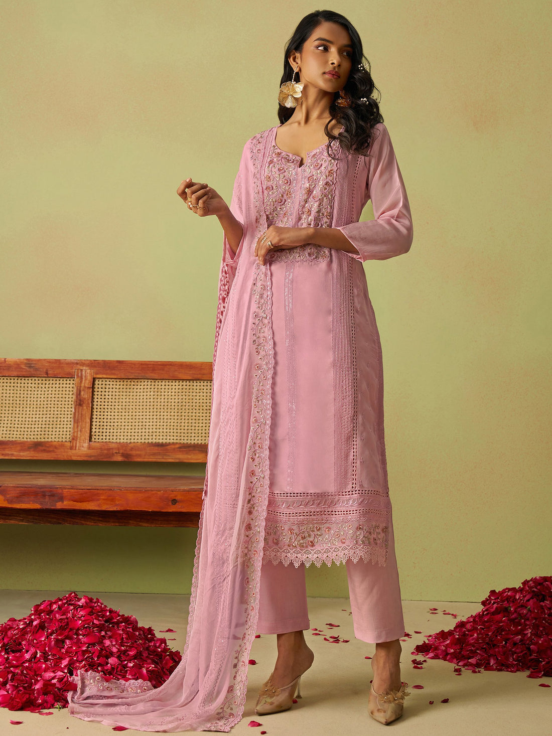 Amazing Pink Floral Embroidered Organza Festive Wear Pant Suit With Dupatta