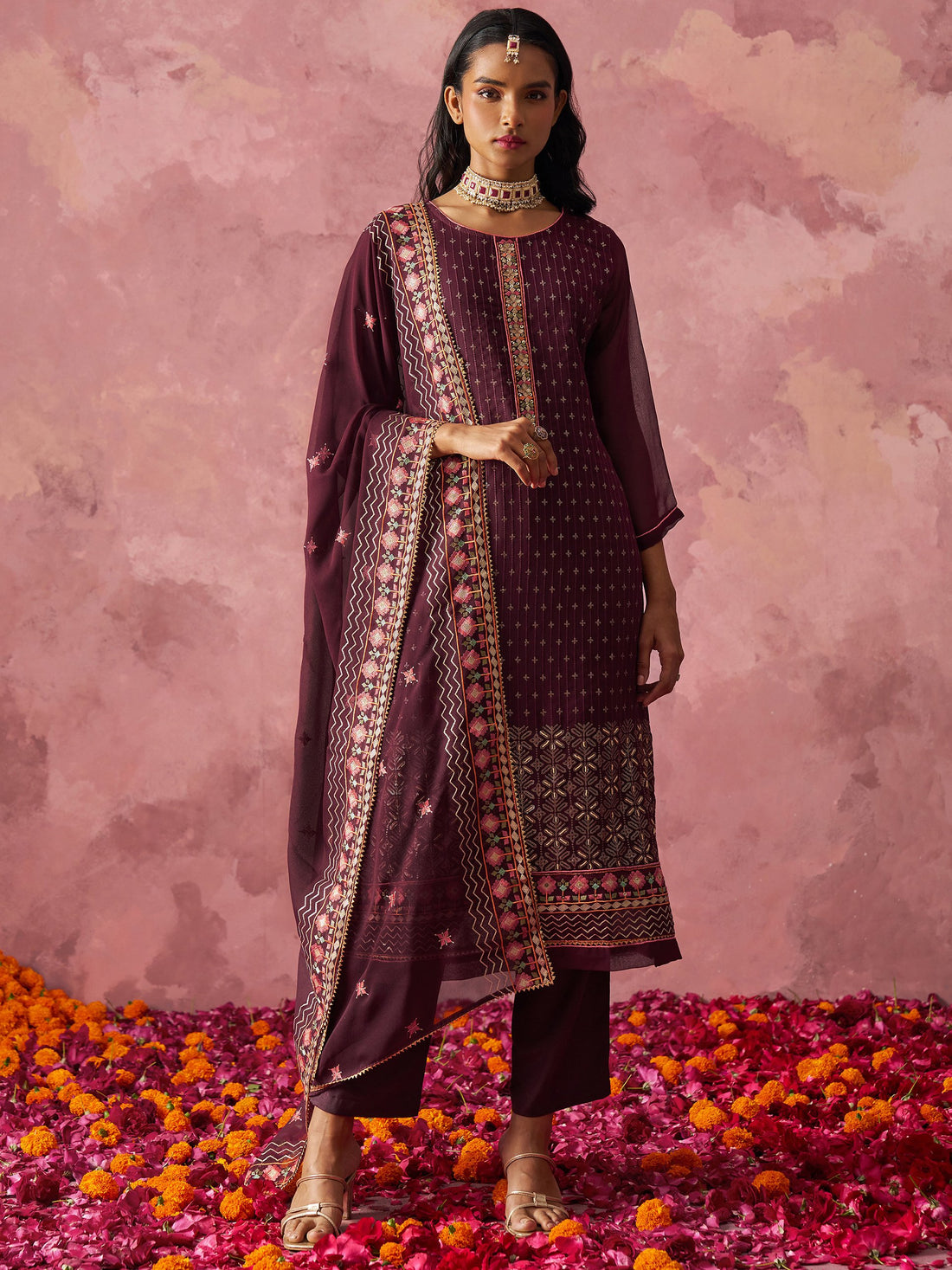 Amazing Wine Thread Work Georgette Festive Wear Straight Top With Pant