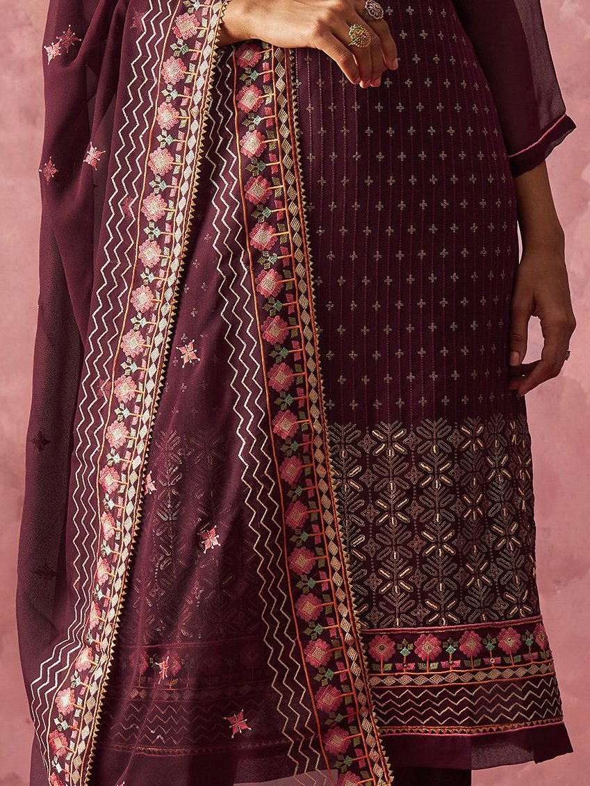Amazing Wine Thread Work Georgette Festive Wear Straight Top With Pant