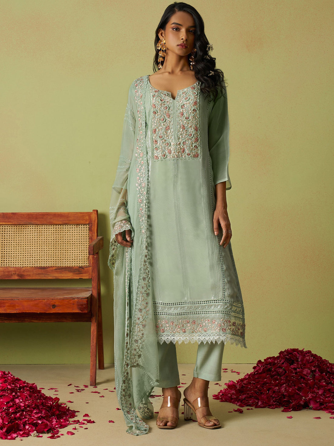 Pretty Pista Green Thread Work Organza Festive Wear Pant Suit