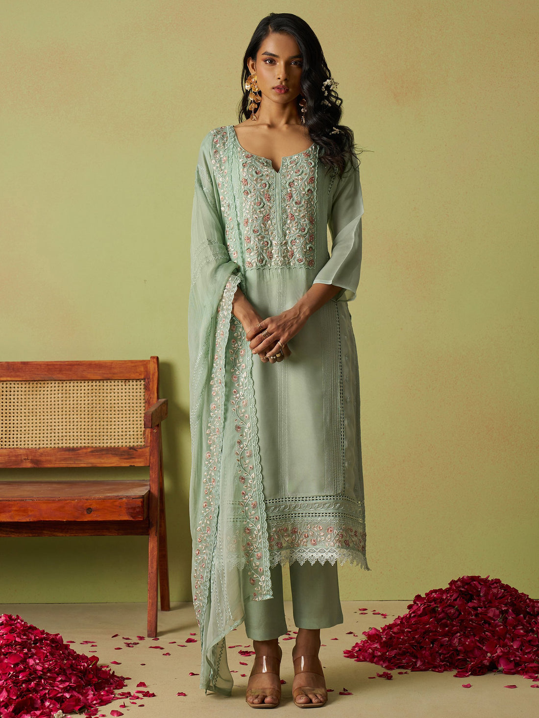 Pretty Pista Green Thread Work Organza Festive Wear Pant Suit