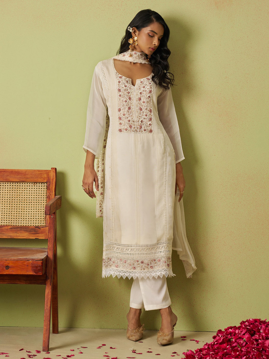Beautiful Off-White Bead Work Organza Silk Pant Suit With Dupatta