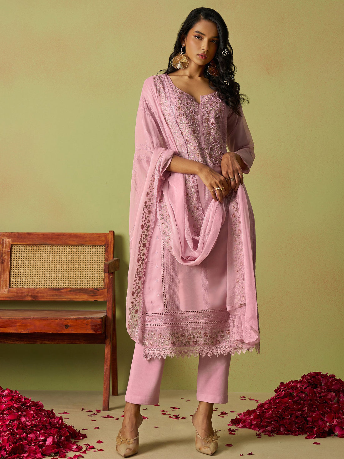 Amazing Pink Floral Embroidered Organza Festive Wear Pant Suit With Dupatta
