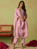 Amazing Pink Floral Embroidered Organza Festive Wear Pant Suit With Dupatta