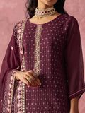 Amazing Wine Thread Work Georgette Festive Wear Straight Top With Pant