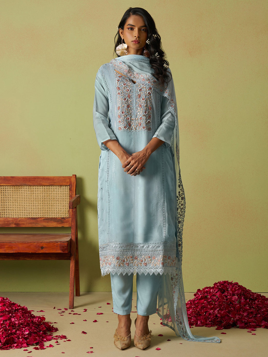 Alluring Dusty Blue Zardosi Work Organza Festive Wear Pant Suit