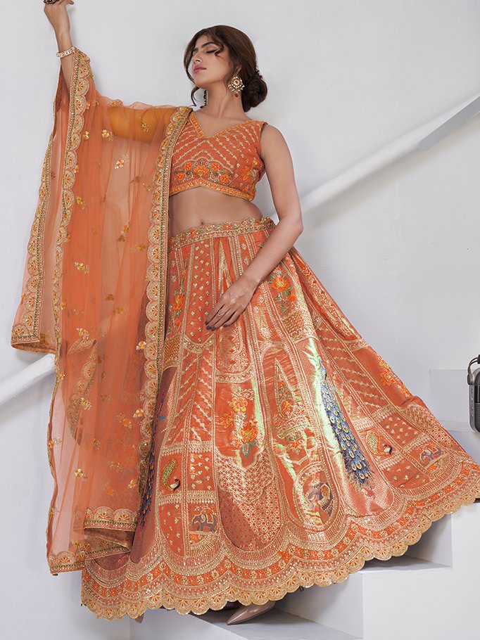 Spectacular Rust Orange Embroidered Banarasi Silk Designer Lehenga Choli With Dupatta
