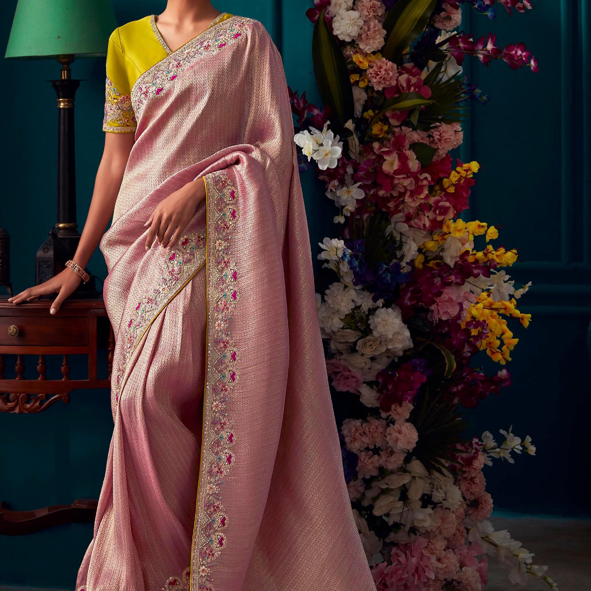 Gorgeous Pink Embroidered Kanjivaram Silk Engagement Wear Saree