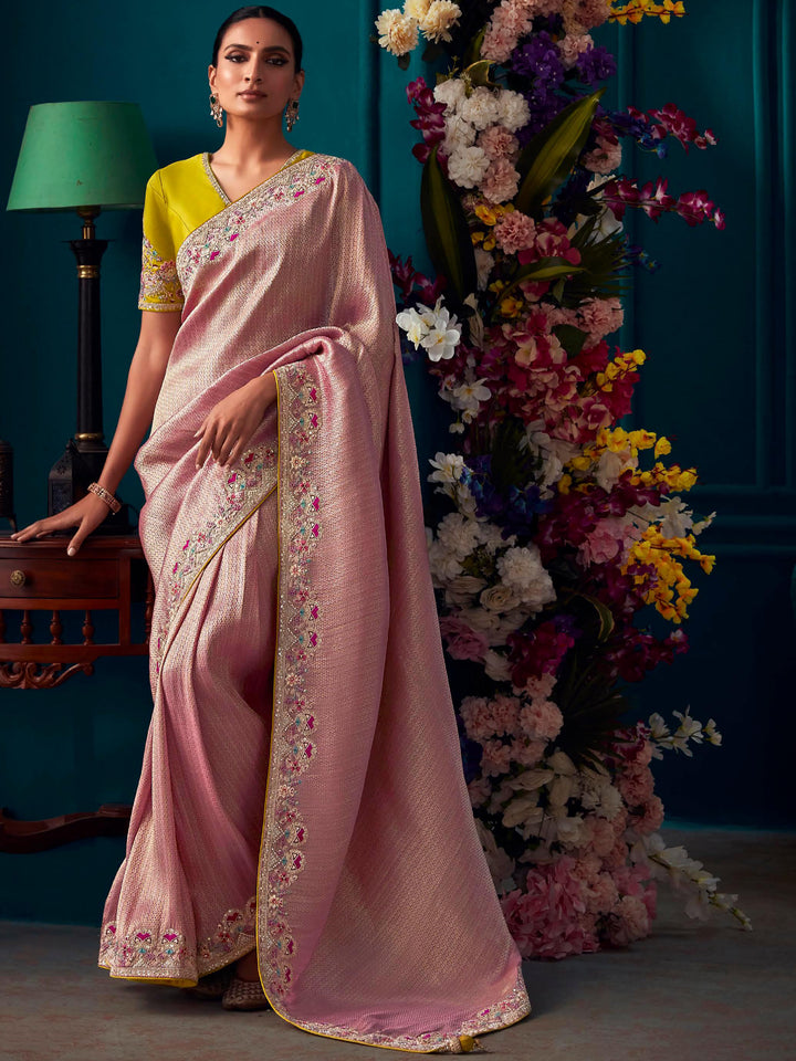 Gorgeous Pink Embroidered Kanjivaram Silk Engagement Wear Saree
