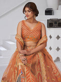Spectacular Rust Orange Embroidered Banarasi Silk Designer Lehenga Choli With Dupatta