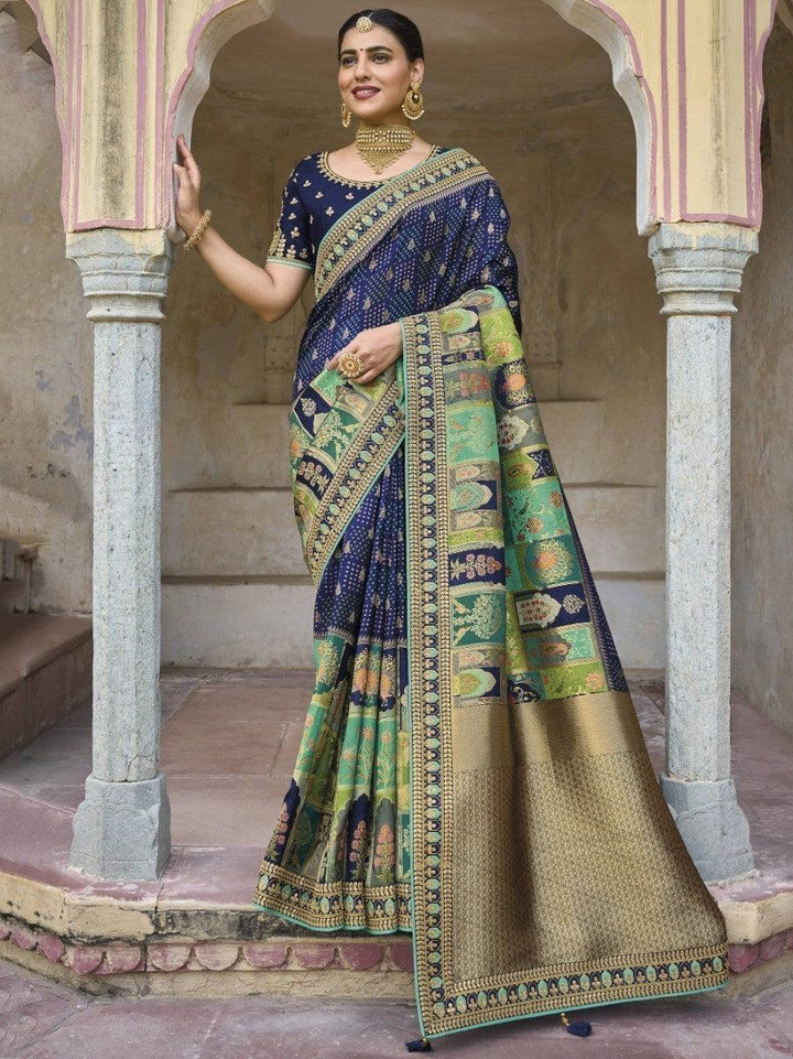 Adorable Navy Blue Embroidered Work Pure Dola Silk Traditional Saree