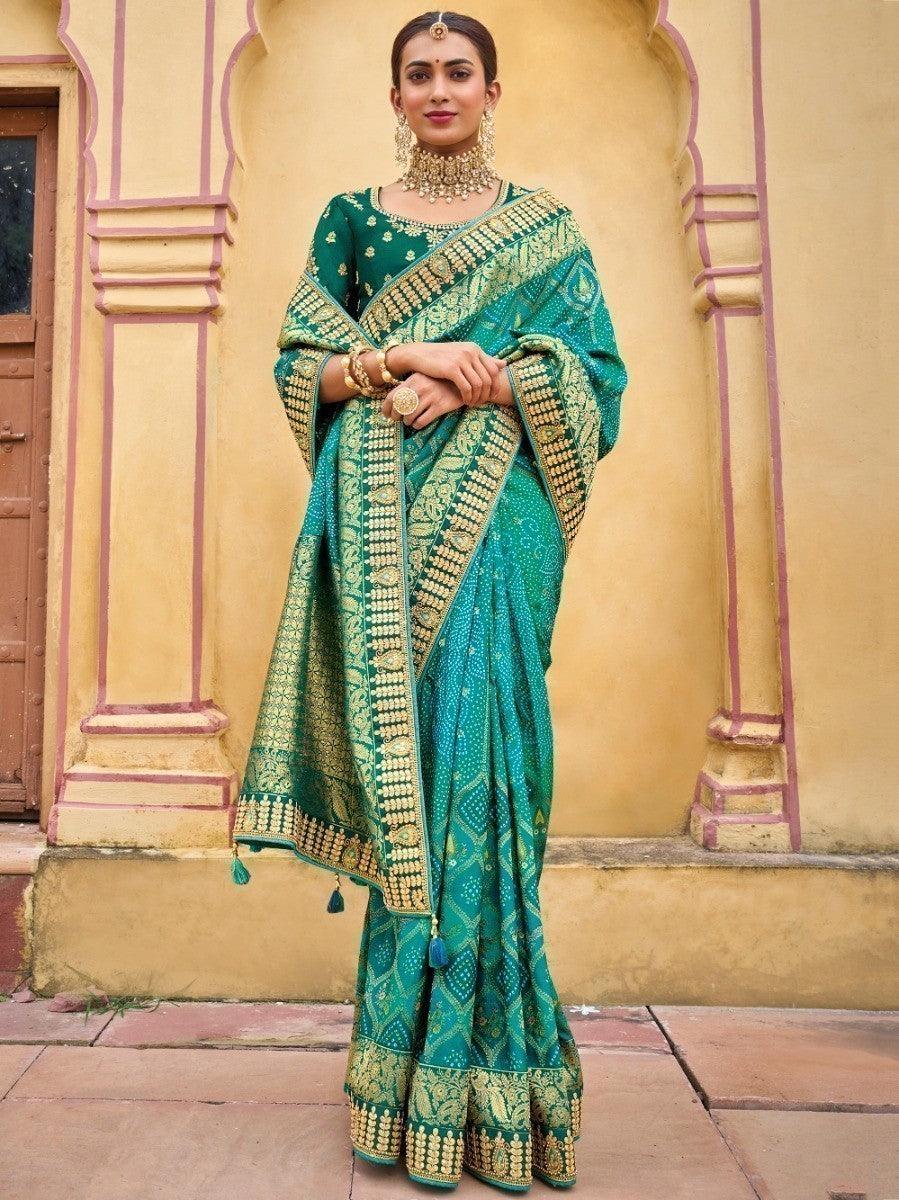 Lovely Teal Blue Embroidered Work Pure Dola Silk Traditional Saree