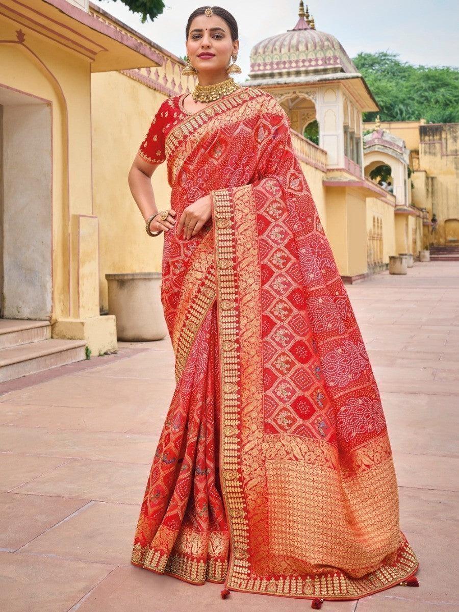 Gorgeous Red Embroidered Work Pure Dola Silk Traditional Saree