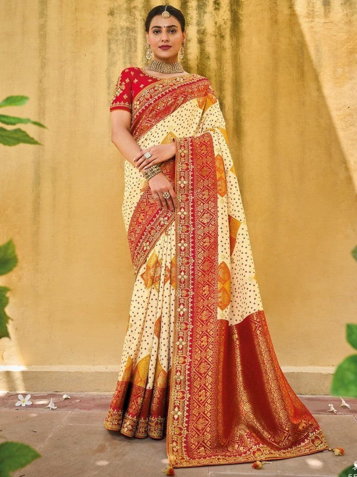 Ravishing Off-White Embroidered Work Pure Dola Silk Traditional Saree