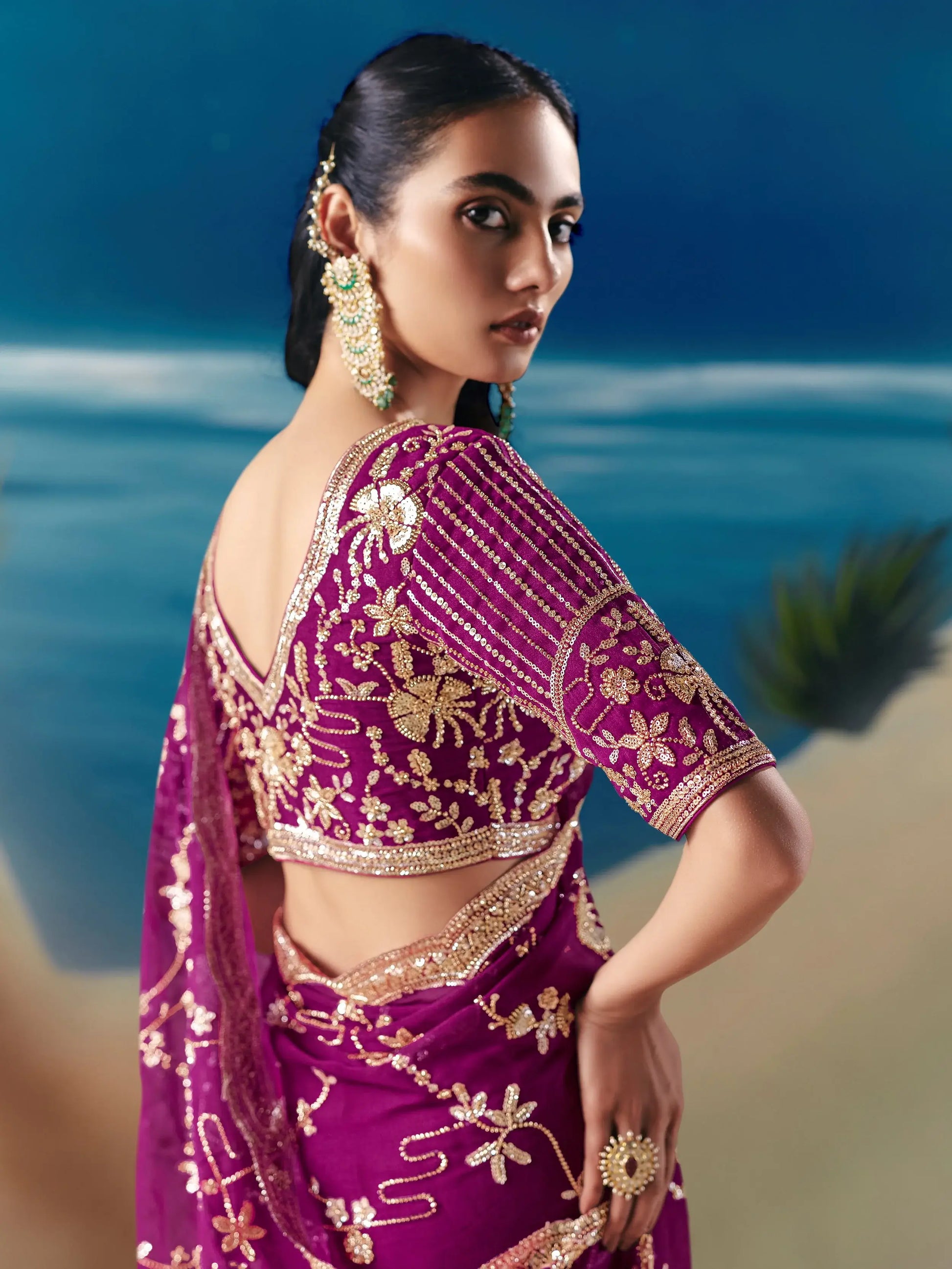 Stylish Purple Stone Work Georgette Reception Wear Saree With Blouse