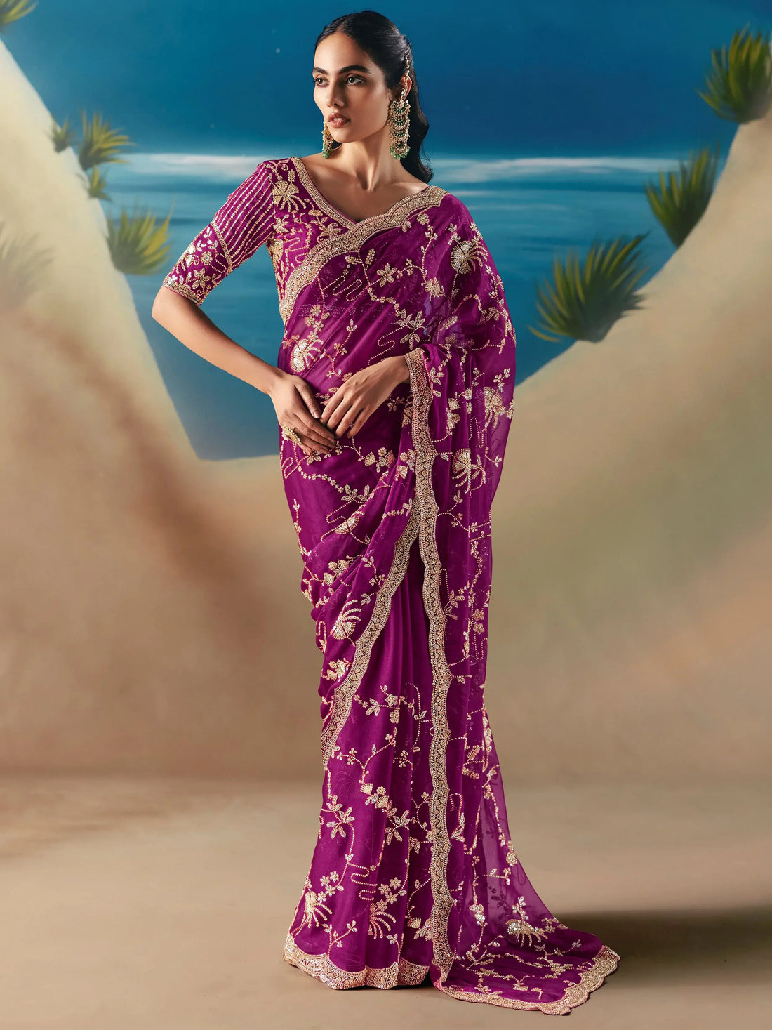Stylish Purple Stone Work Georgette Reception Wear Saree With Blouse