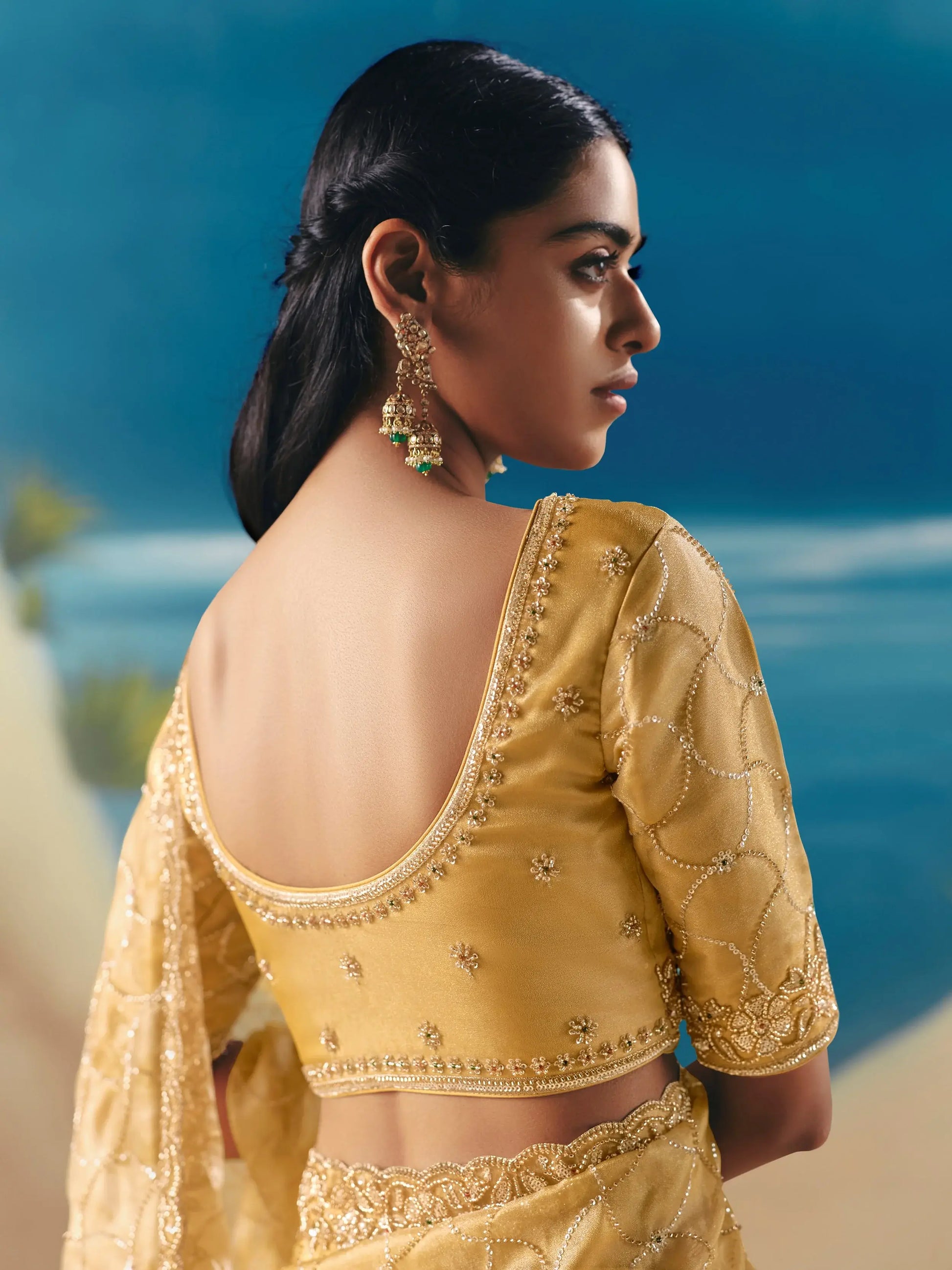 Admirable Golden Heavy Embroidered Georgette Sangeet Wear Saree With Blouse