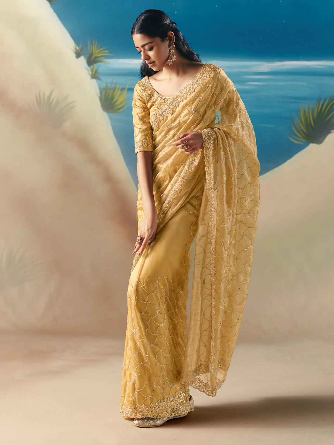 Admirable Golden Heavy Embroidered Georgette Sangeet Wear Saree With Blouse