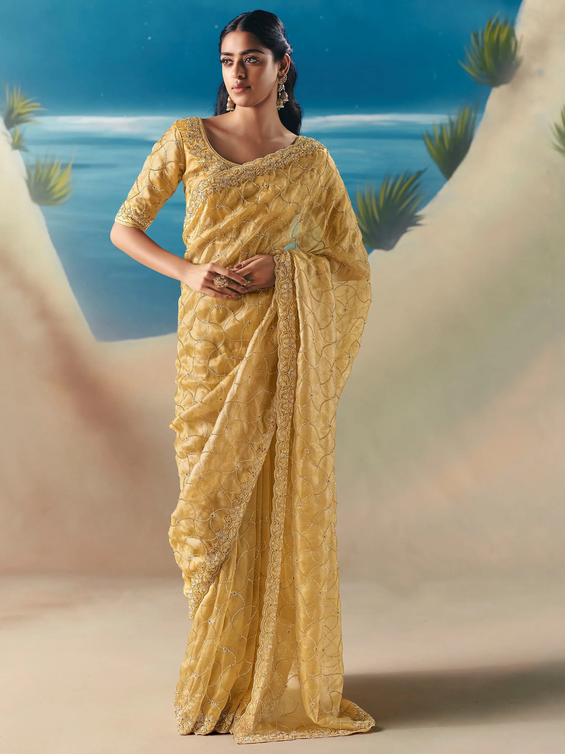Admirable Golden Heavy Embroidered Georgette Sangeet Wear Saree With Blouse