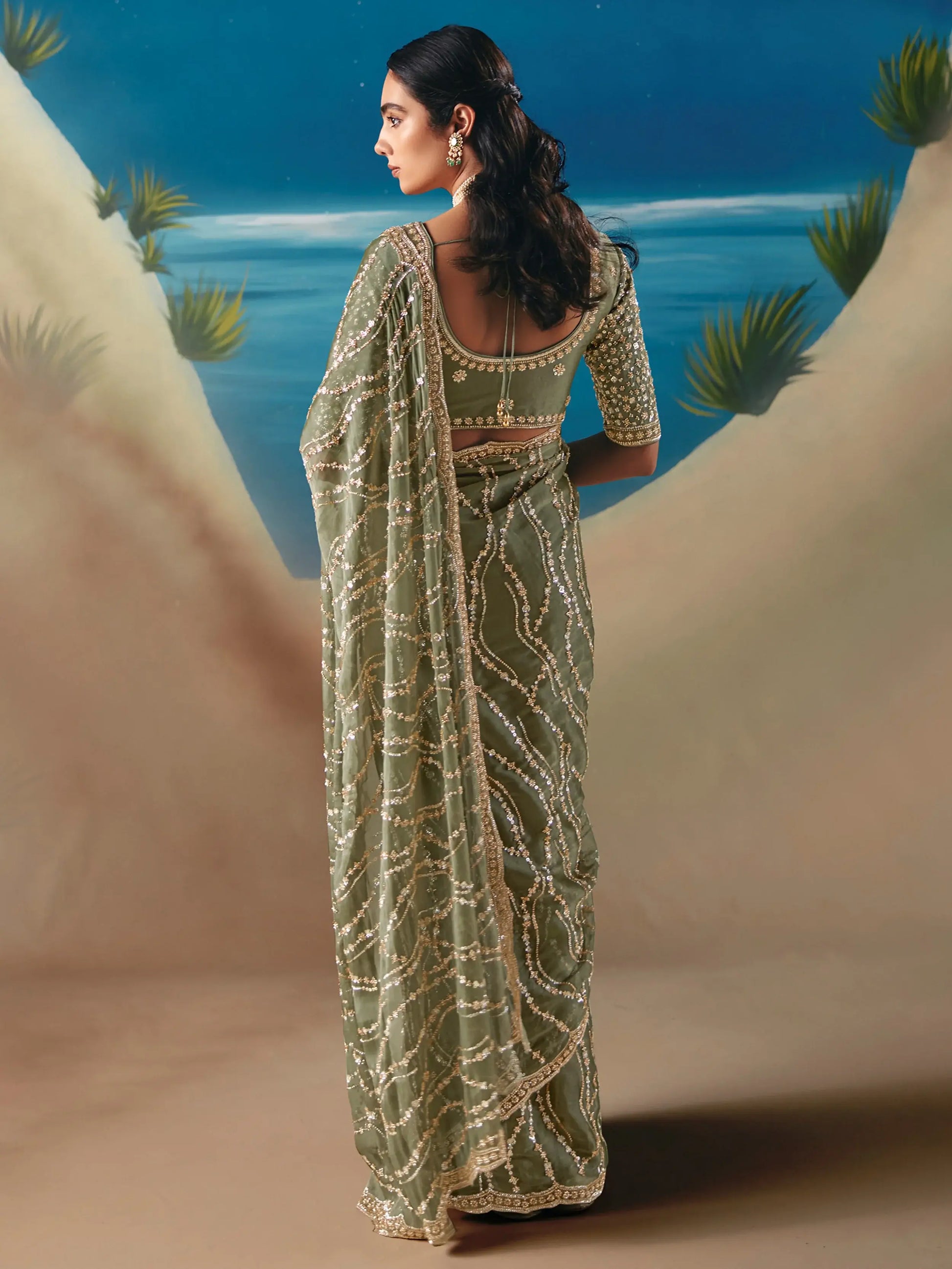 Amazing Olive Green Sequins Embroidered Georgette Traditional Saree With Blouse