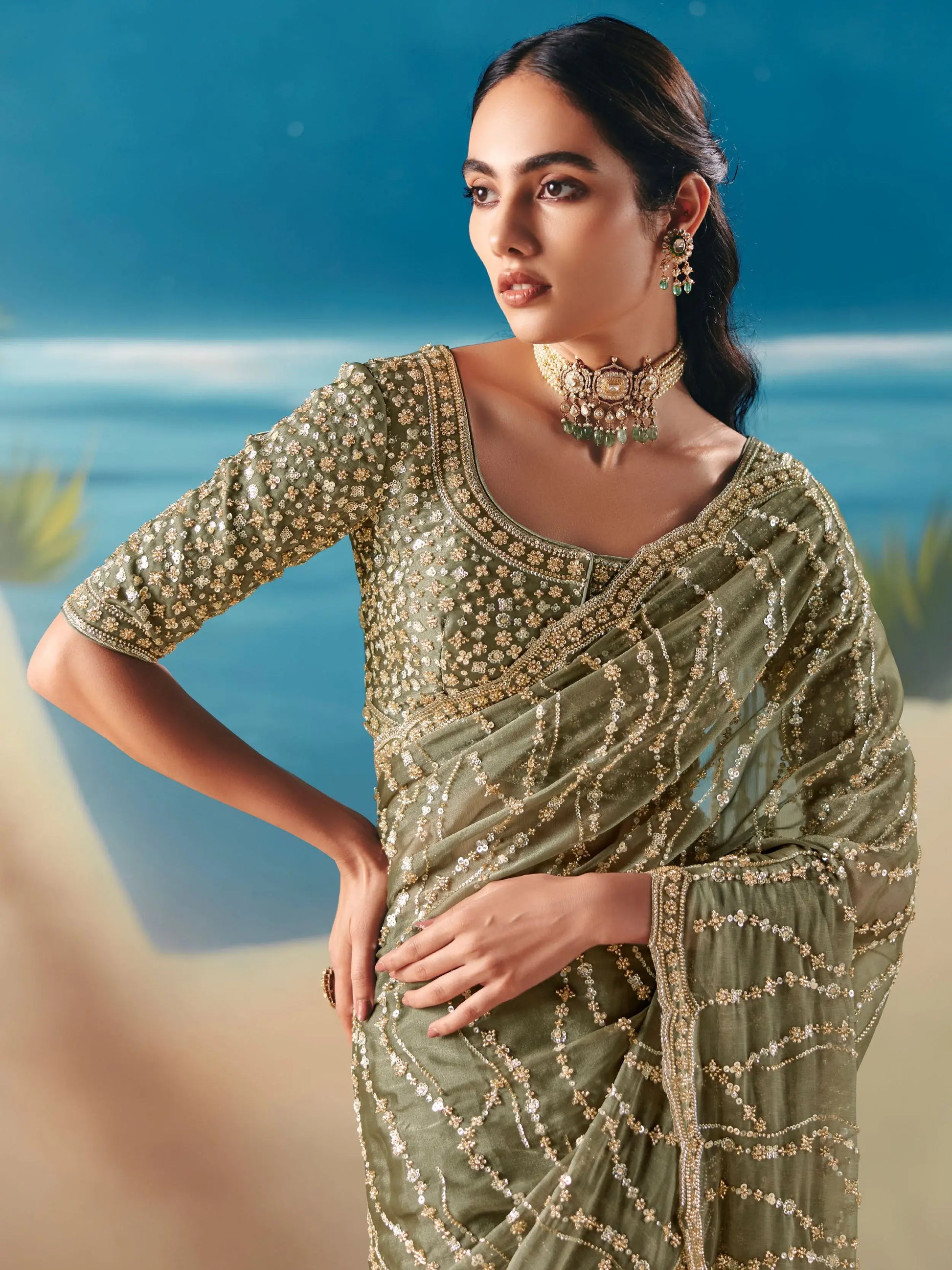 Amazing Olive Green Sequins Embroidered Georgette Traditional Saree With Blouse