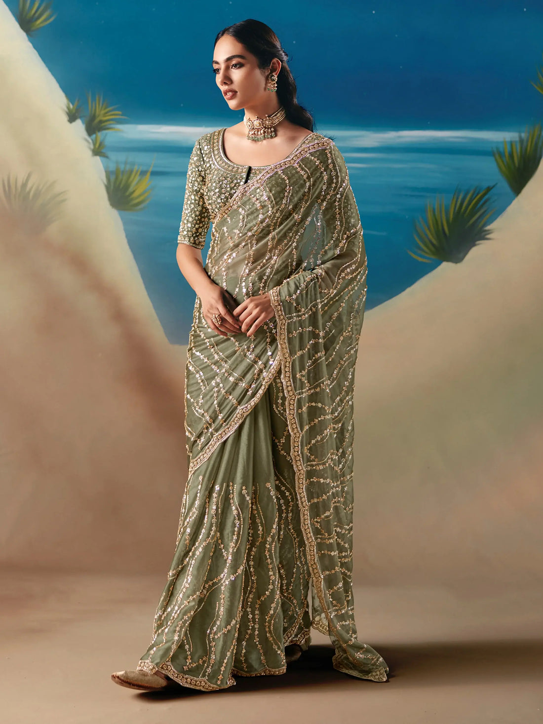 Amazing Olive Green Sequins Embroidered Georgette Traditional Saree With Blouse