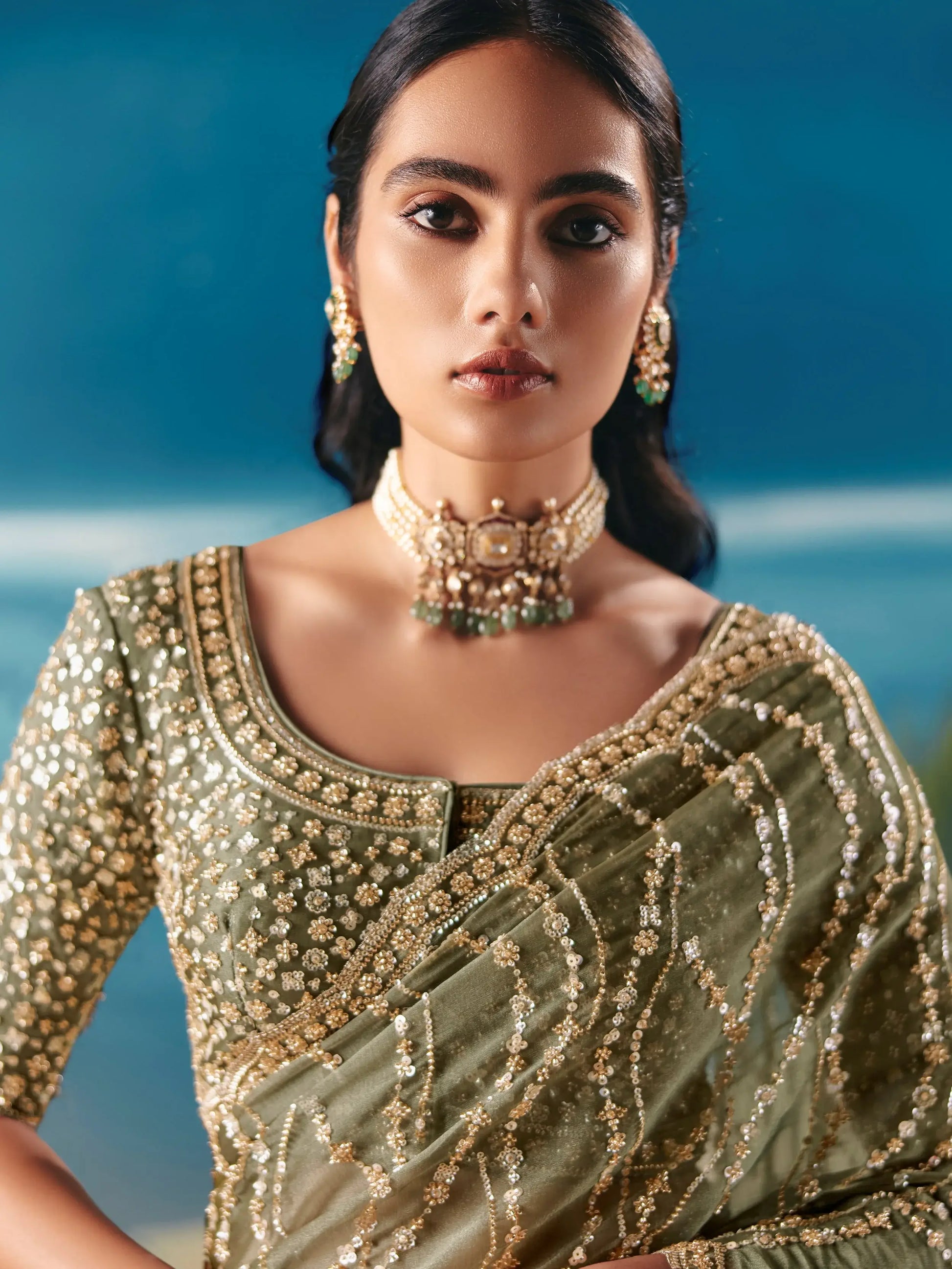 Amazing Olive Green Sequins Embroidered Georgette Traditional Saree With Blouse