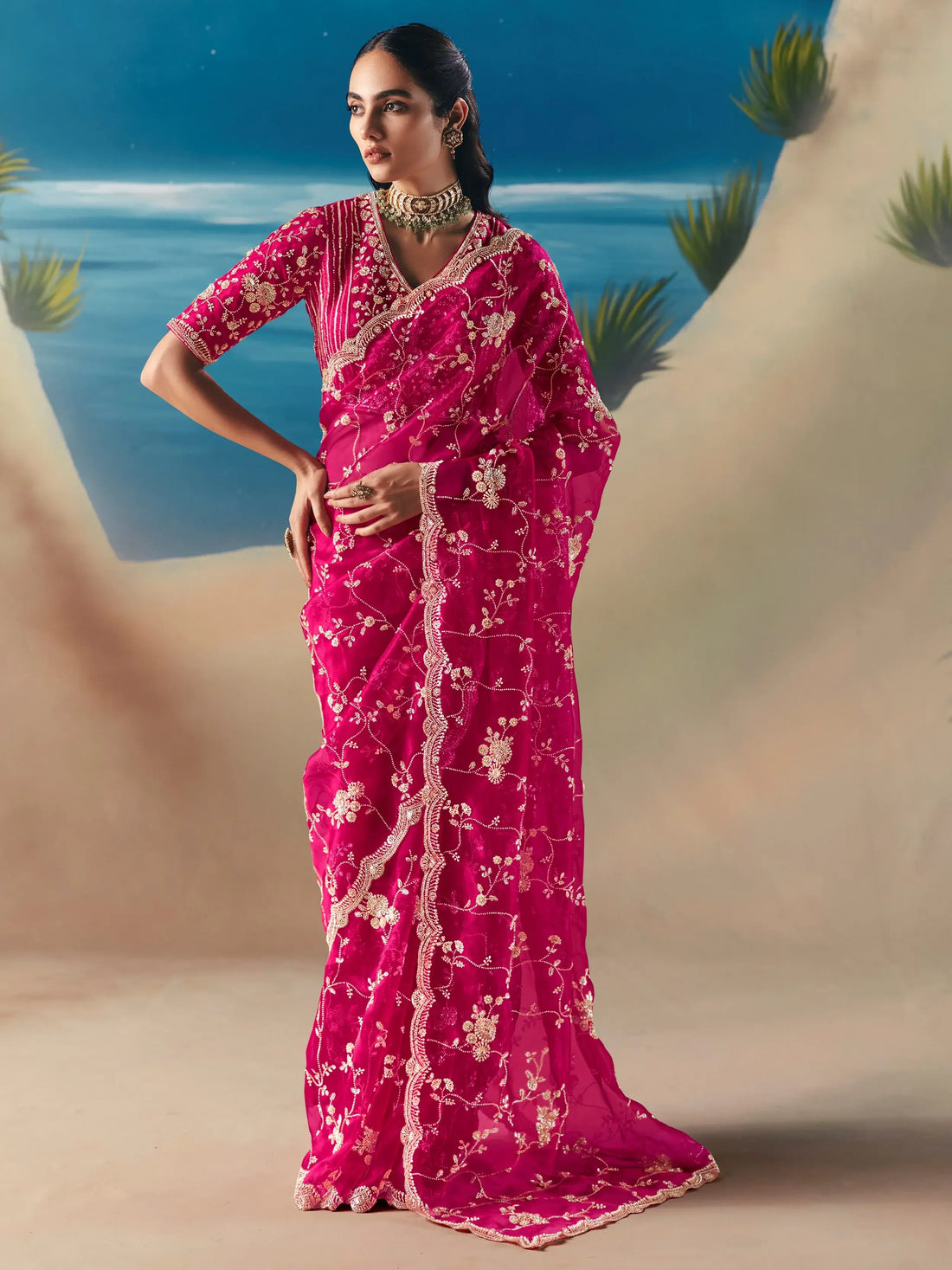 Fabulous Pink Heavy Embroidered Georgette Engagement Wear Saree With Blouse