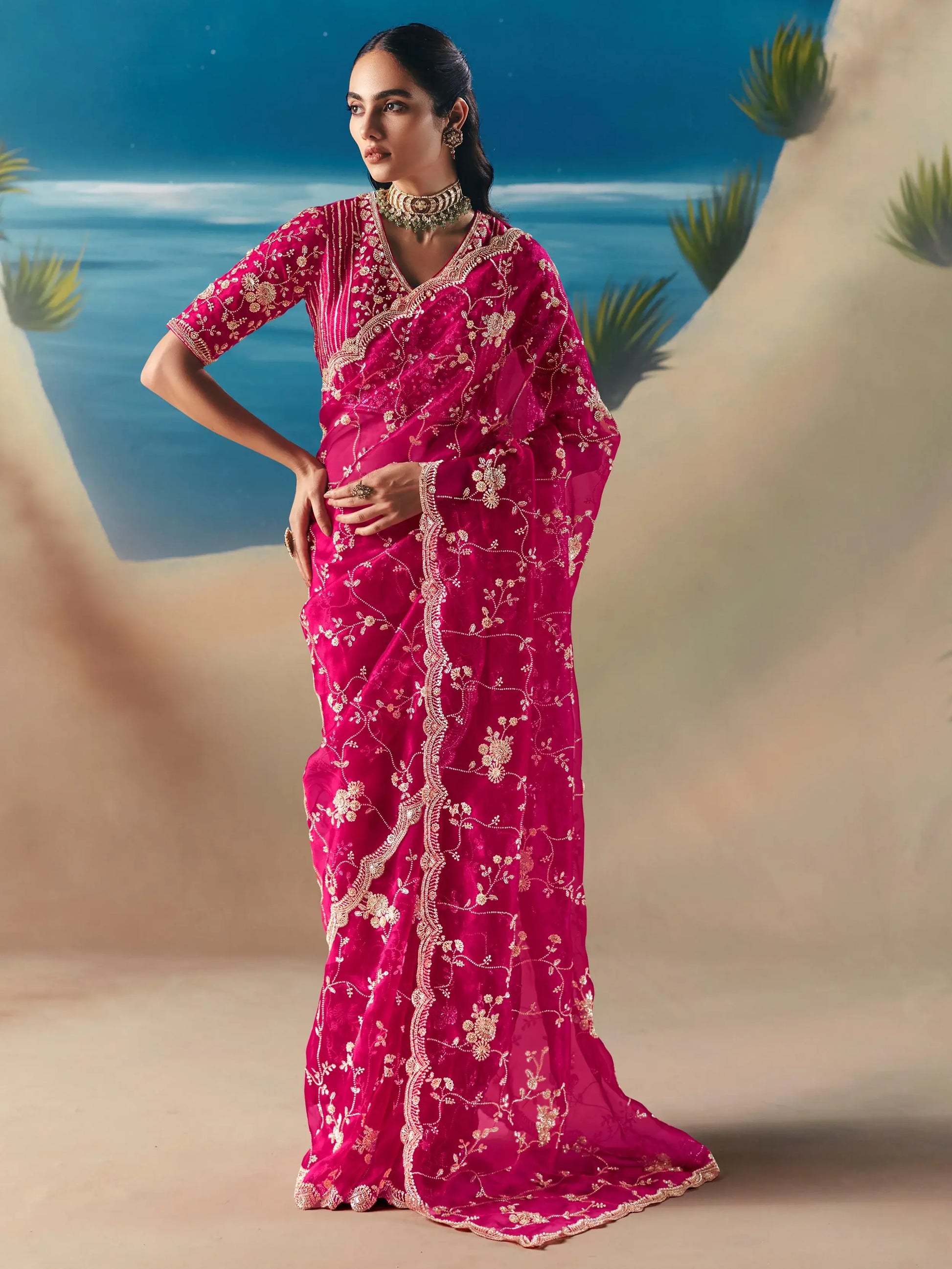 Fabulous Pink Heavy Embroidered Georgette Engagement Wear Saree With Blouse