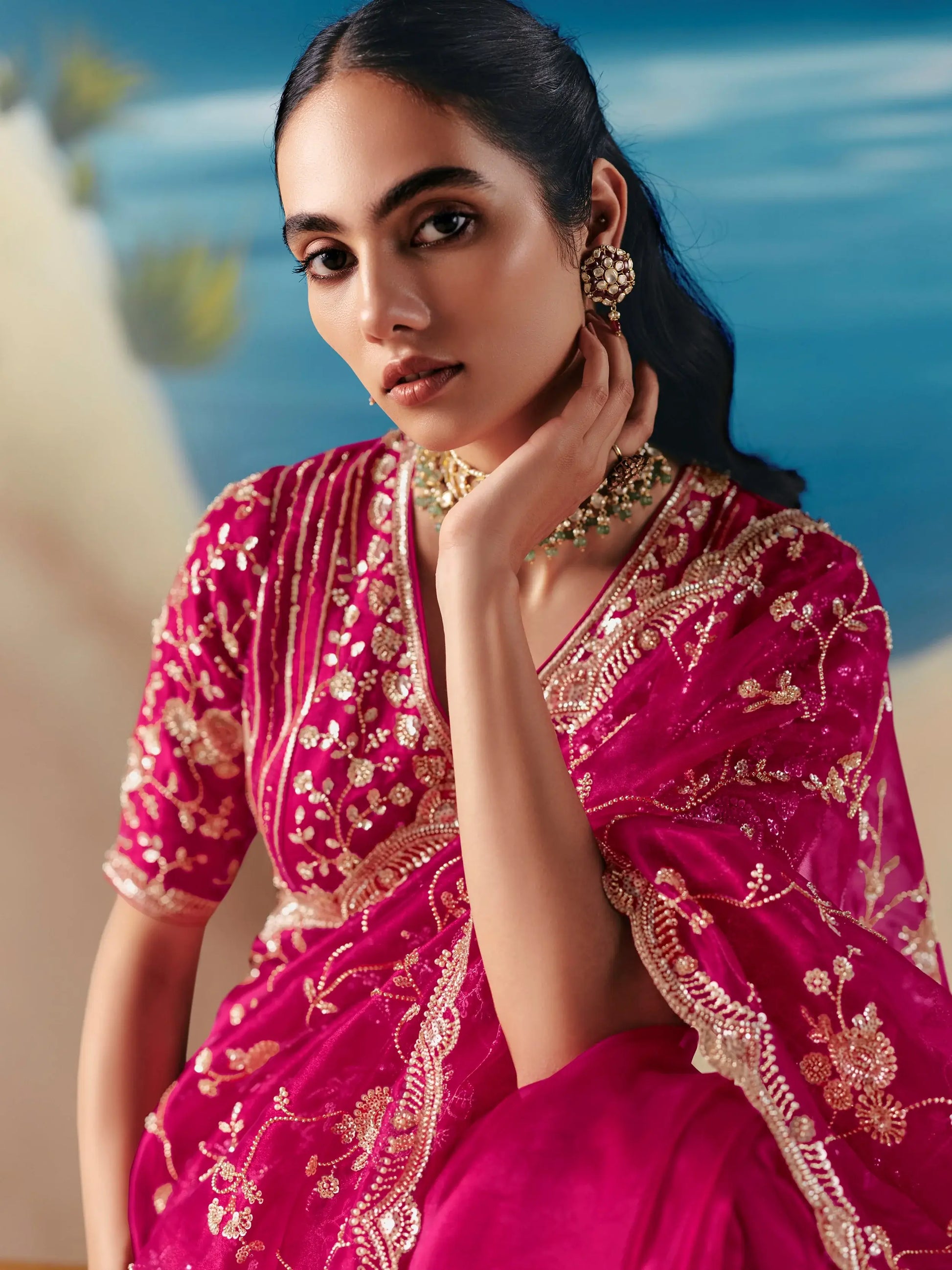 Fabulous Pink Heavy Embroidered Georgette Engagement Wear Saree With Blouse