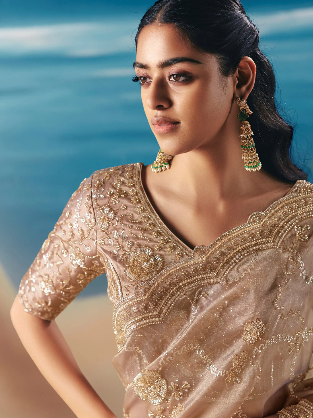 Fantastic Beige Stone Work Georgette Reception Wear Saree With Blouse