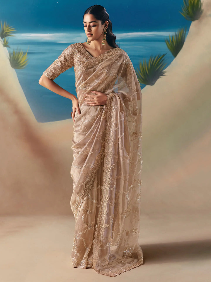 Fantastic Beige Stone Work Georgette Reception Wear Saree With Blouse