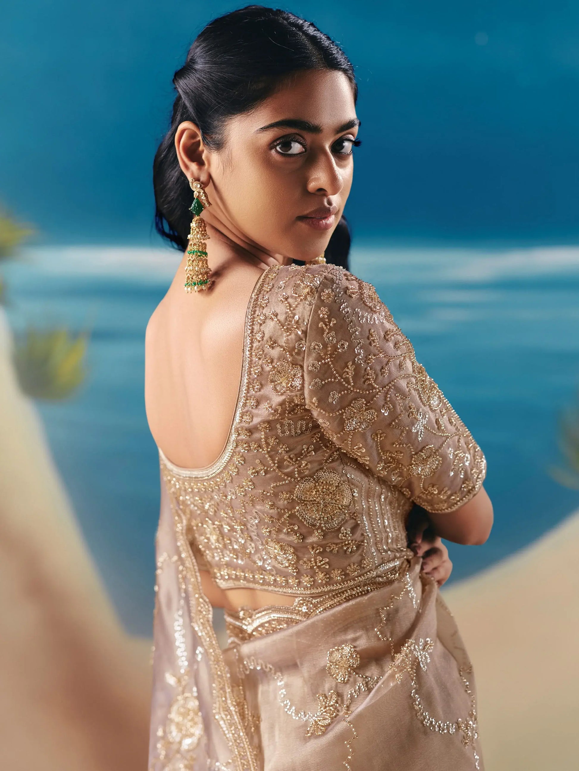 Fantastic Beige Stone Work Georgette Reception Wear Saree With Blouse