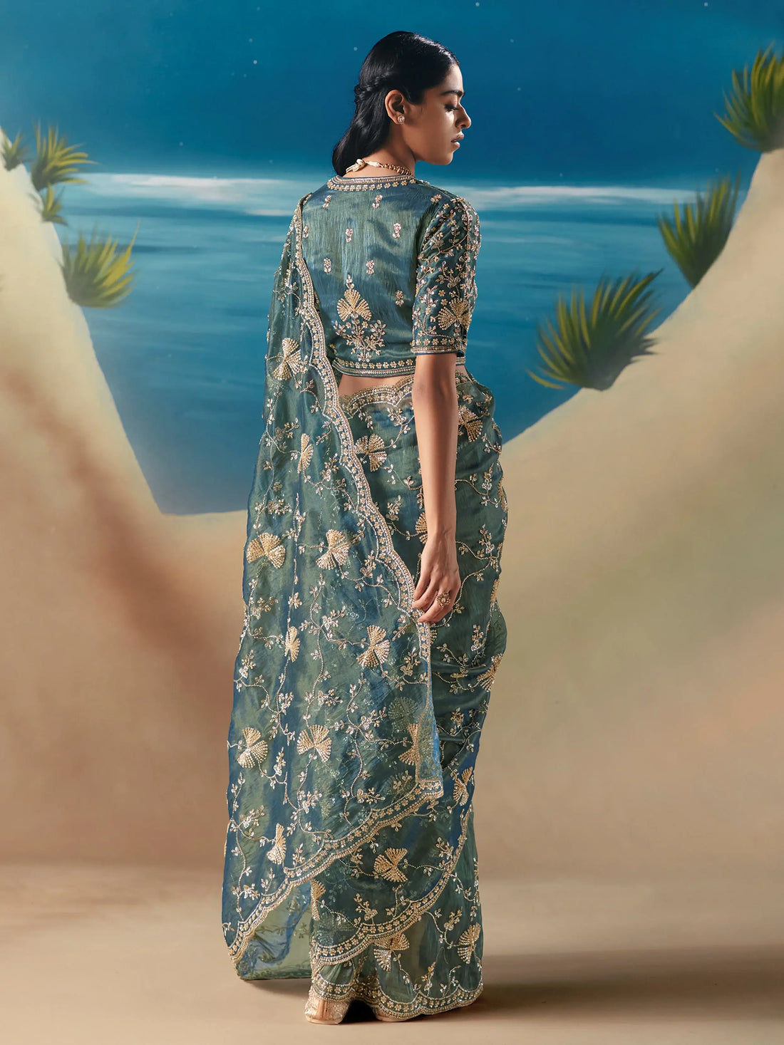 Noteworthy Teal Green Sequins Georgette Party Wear Saree With Blouse
