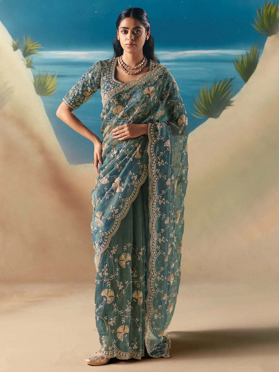 Noteworthy Teal Green Sequins Georgette Party Wear Saree With Blouse