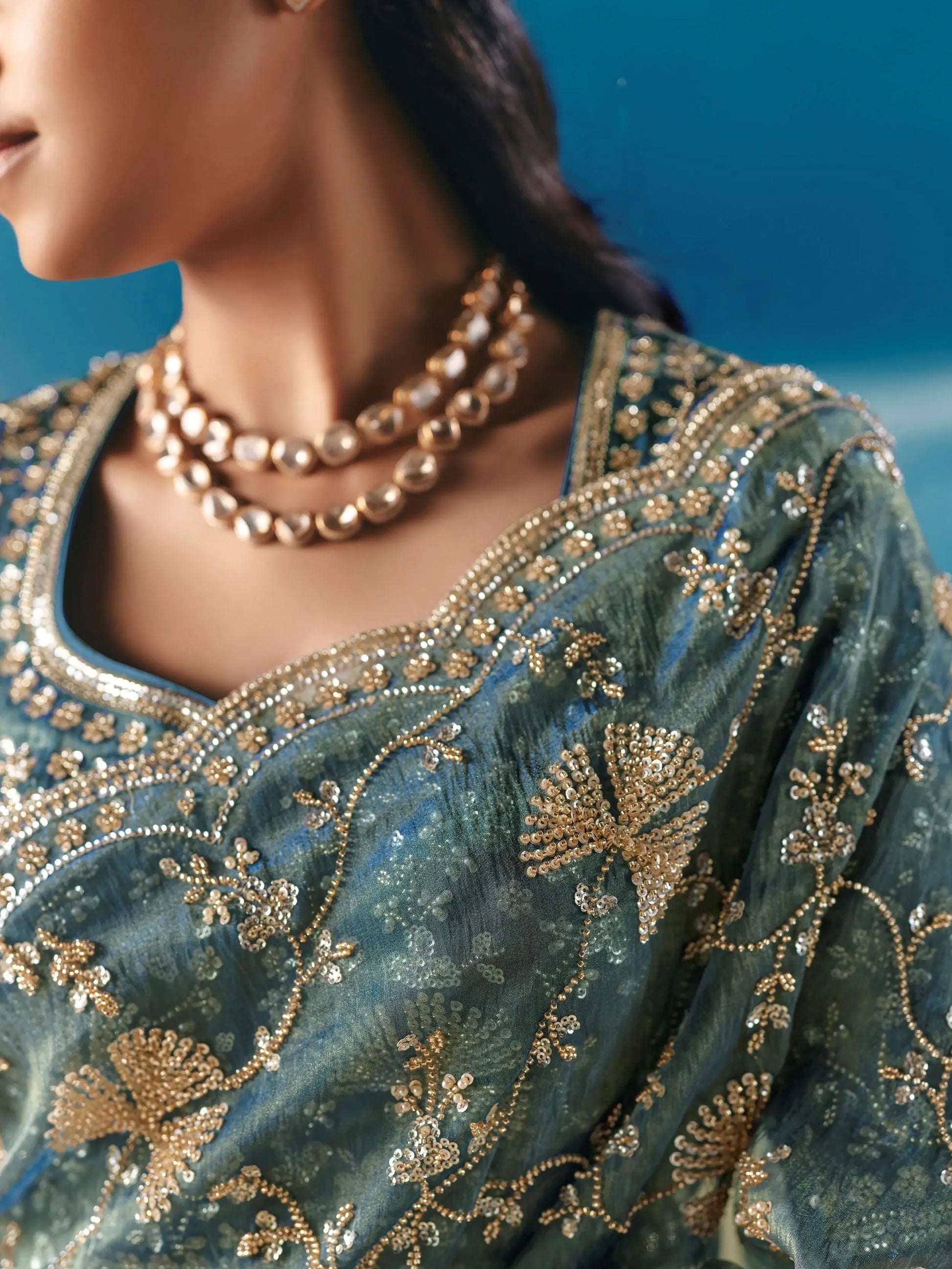 Noteworthy Teal Green Sequins Georgette Party Wear Saree With Blouse