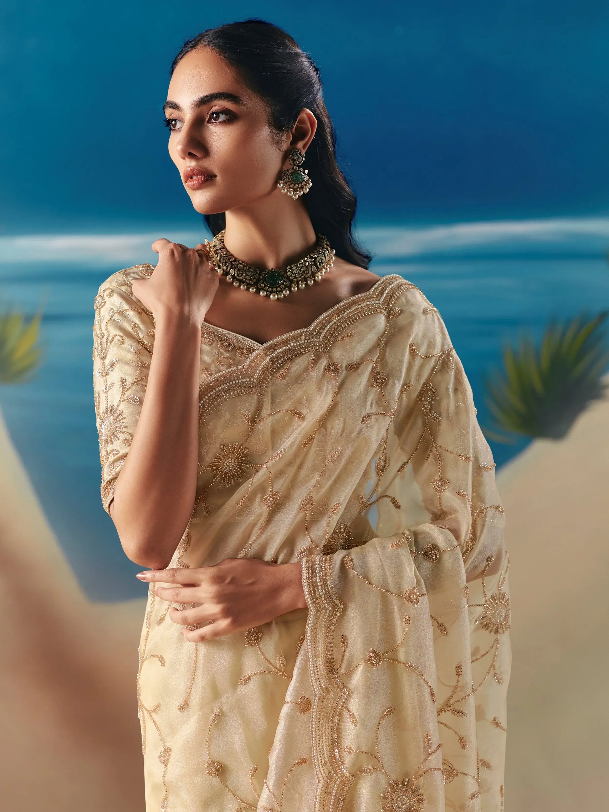 Classy Cream Embroidered Georgette Wedding Wear Saree With Blouse