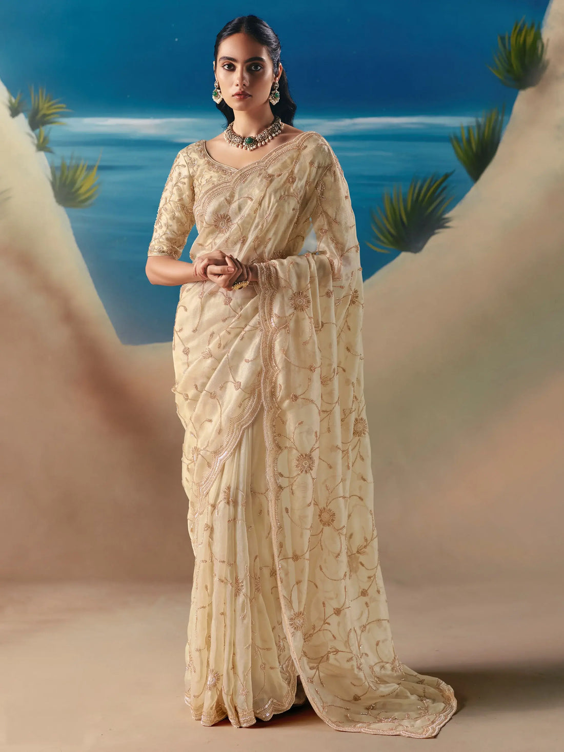 Classy Cream Embroidered Georgette Wedding Wear Saree With Blouse
