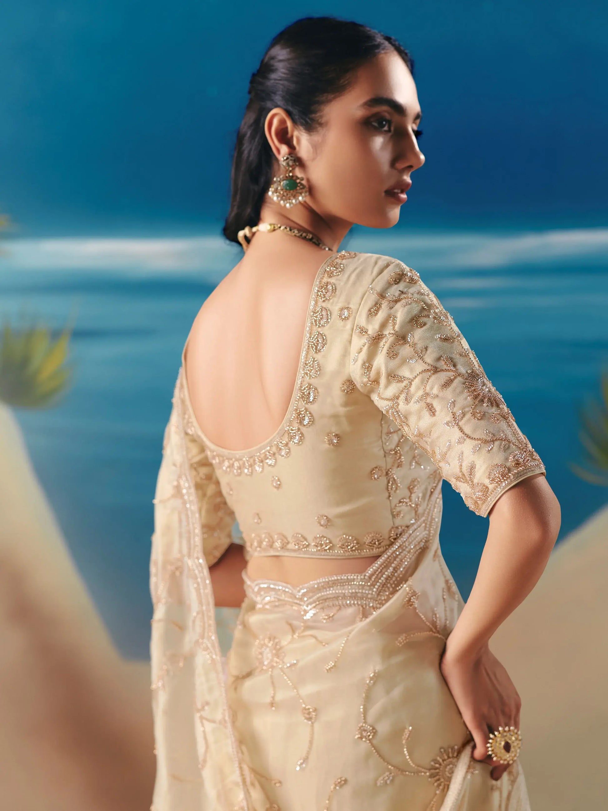 Classy Cream Embroidered Georgette Wedding Wear Saree With Blouse