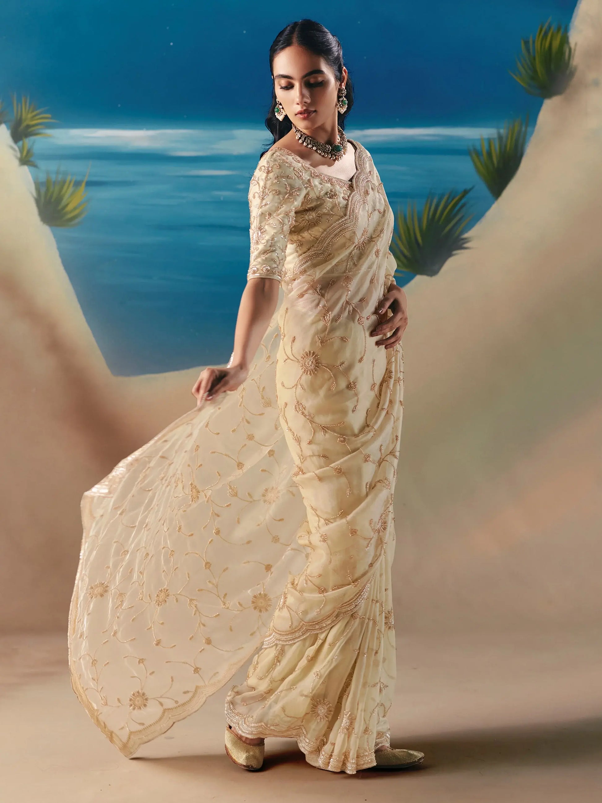 Classy Cream Embroidered Georgette Wedding Wear Saree With Blouse