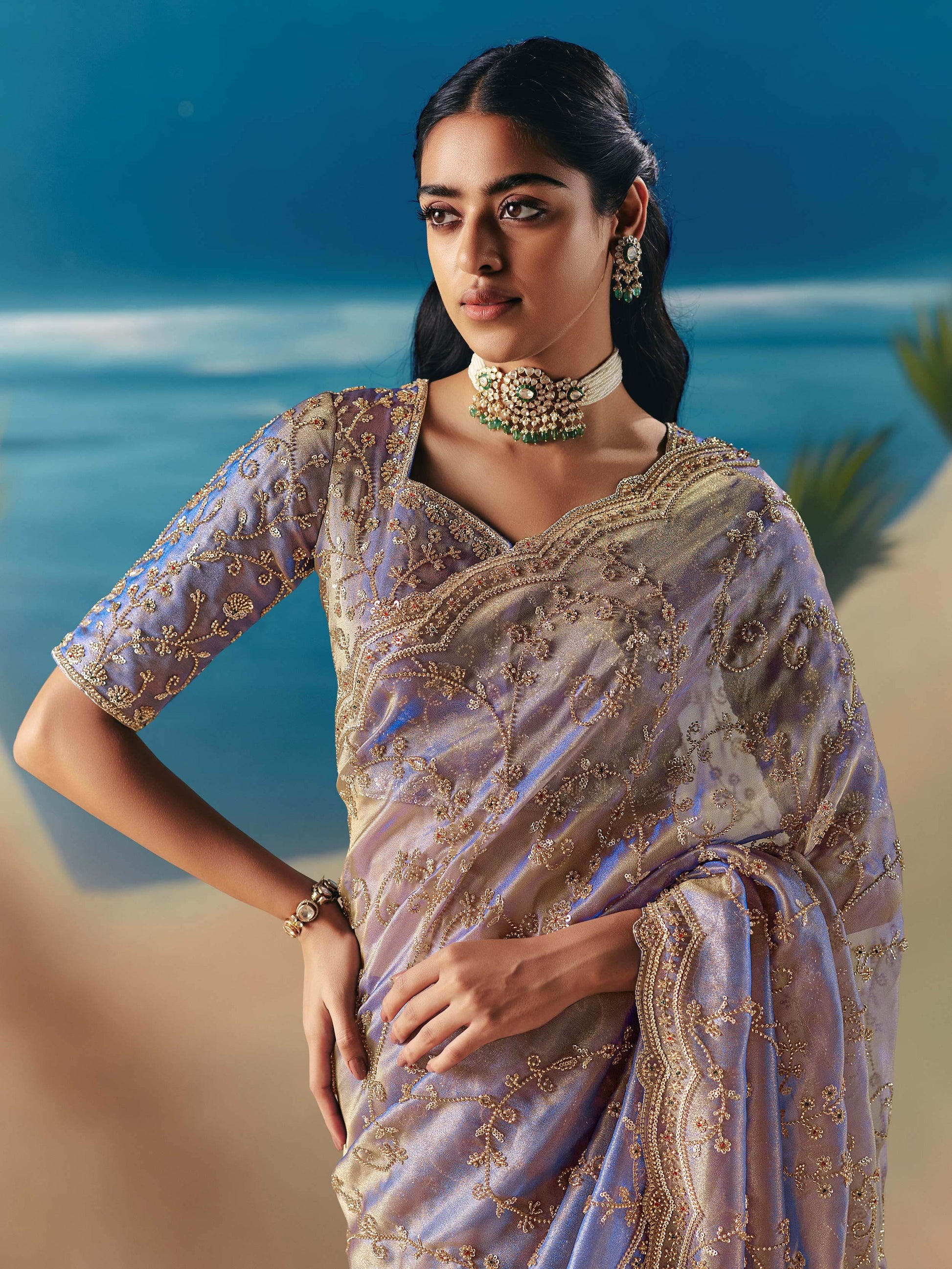 Breathtaking Lavender Embroidered Georgette Evening Wear Saree With Blouse