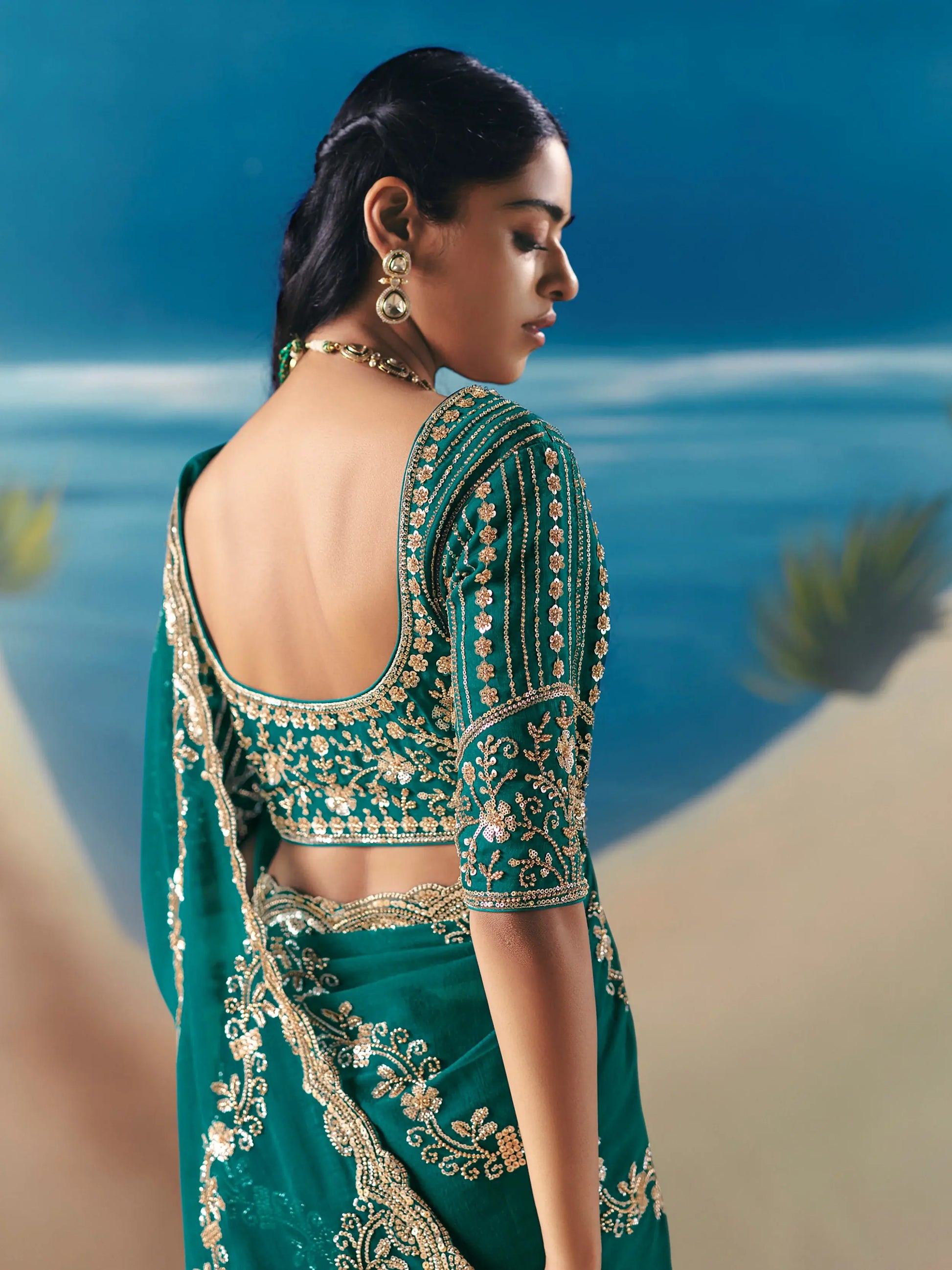 Grand Bottle Green Stone Embroidered Georgette Function Wear Saree With Blouse