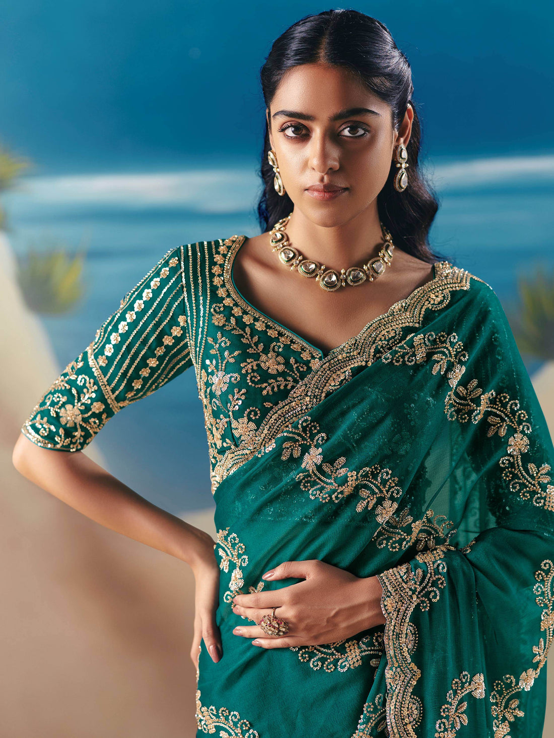 Grand Bottle Green Stone Embroidered Georgette Function Wear Saree With Blouse