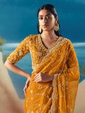 Rich Mustard Yellow Heavy Embroidered Georgette Event Wear Saree With Blouse
