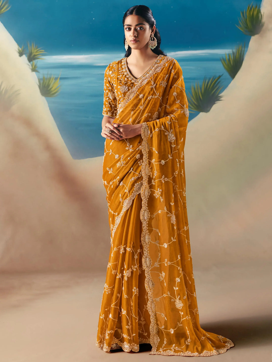Rich Mustard Yellow Heavy Embroidered Georgette Event Wear Saree With Blouse