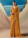 Rich Mustard Yellow Heavy Embroidered Georgette Event Wear Saree With Blouse