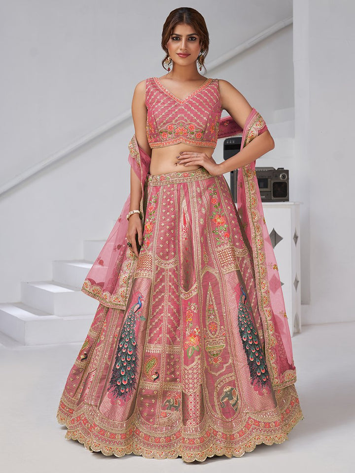 Superior Pink Thread Work Banarasi Silk Reception Wear Lehenga With Blouse