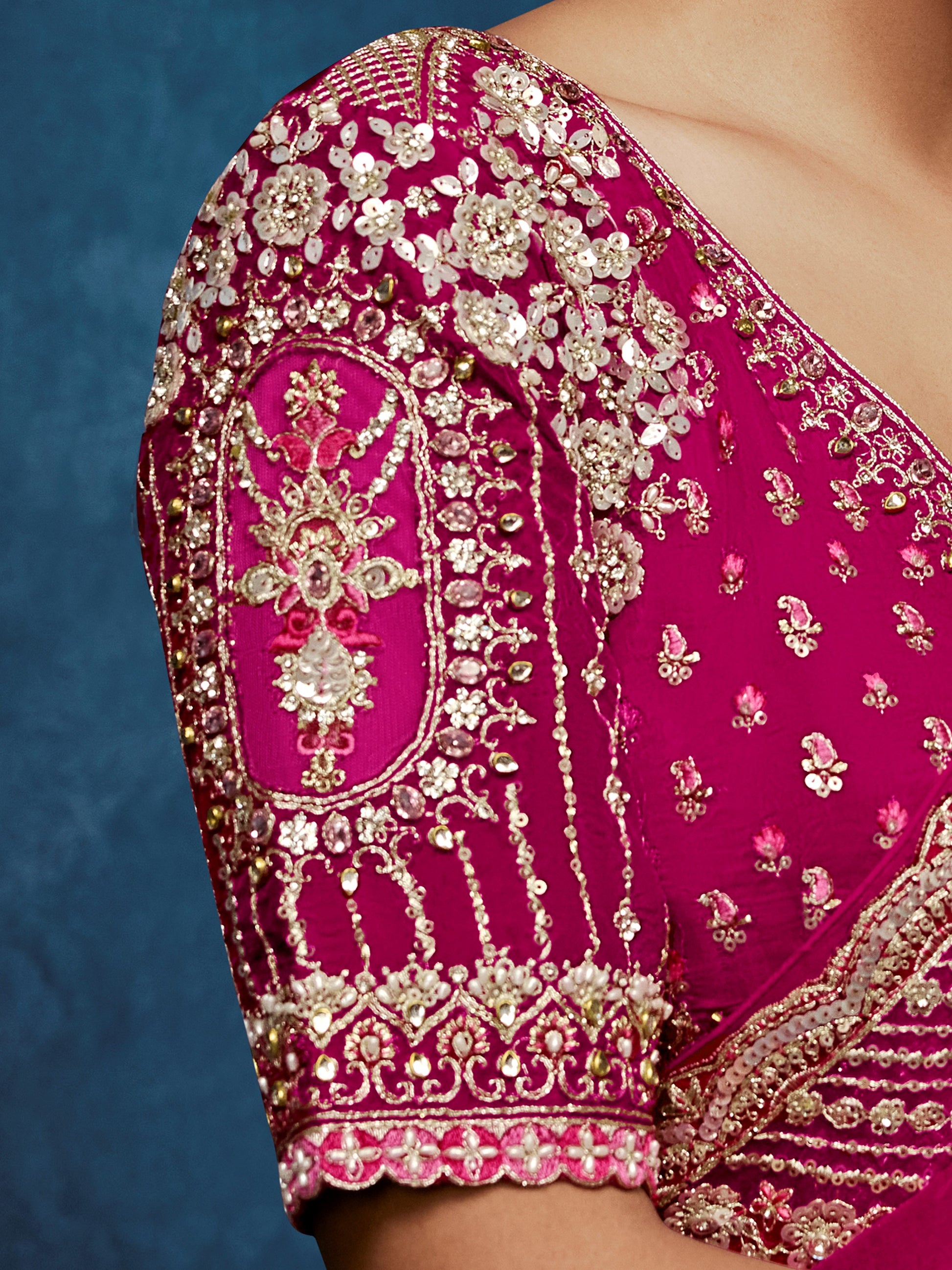 Dazzling Rani Pink Hand Work Silk Festival Wear Saree With Blouse 
