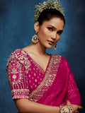 Dazzling Rani Pink Hand Work Silk Festival Wear Saree With Blouse 