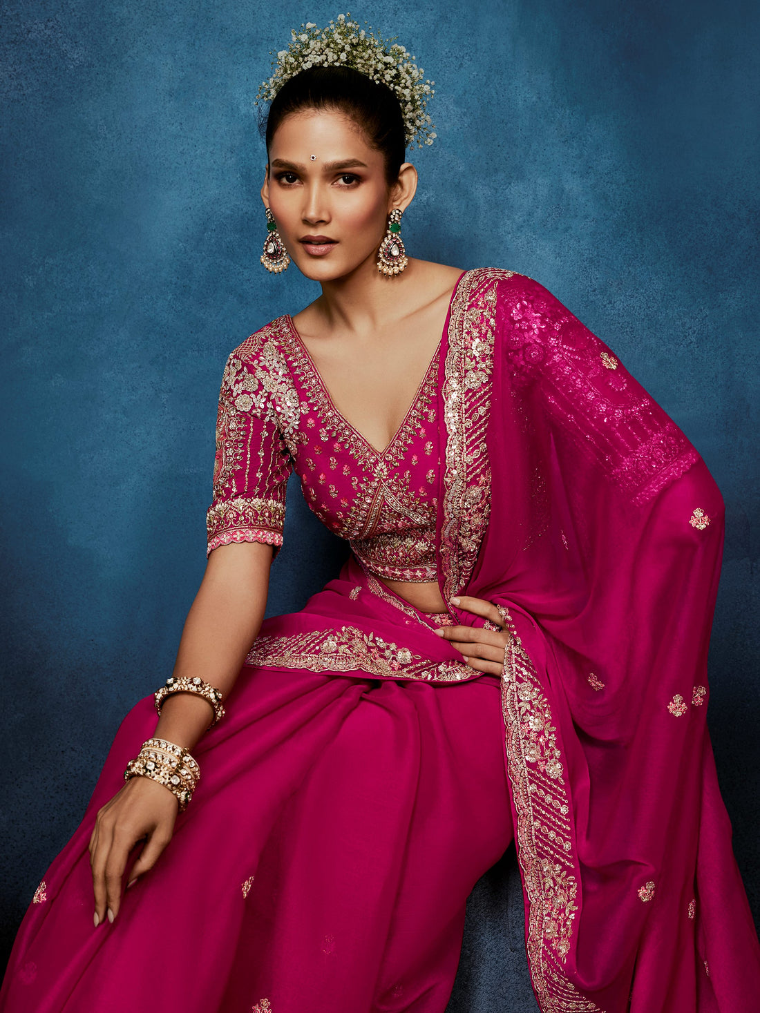 Dazzling Rani Pink Hand Work Silk Festival Wear Saree With Blouse 
